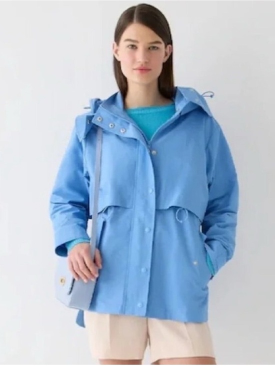 J. Crew Jackets & Blazers - J.Crew Re-Imagined Women’s Blue Hooded Rain Coat Snap/Zip Mid-Length M